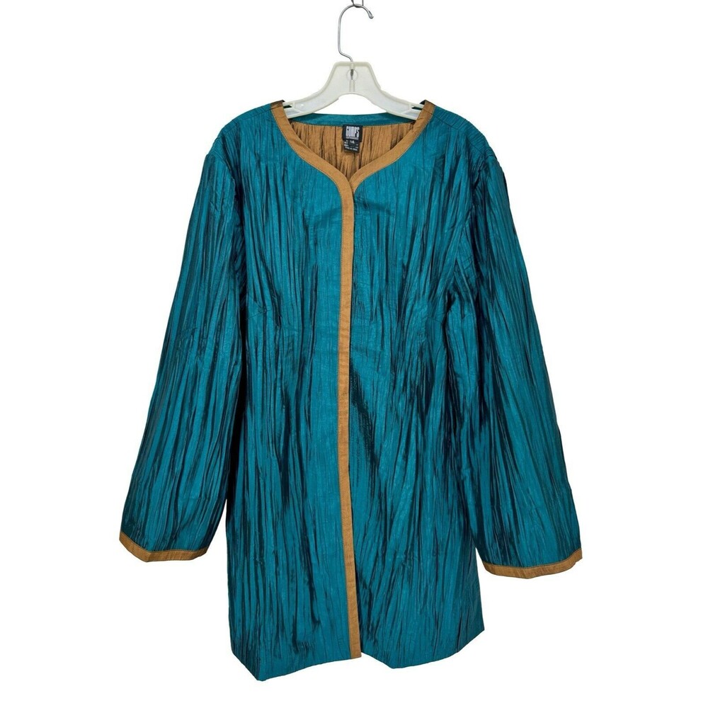 GUMPS San Francisco Artsy Knee Length Teal Crinkle Jacket‎ Size 14